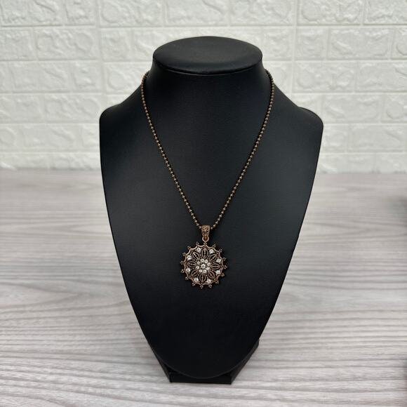 Cookie Lee Bronze Bead Chain Necklace Coppertone Mandala Pendant w/ Rhinestones - Picture 1 of 5